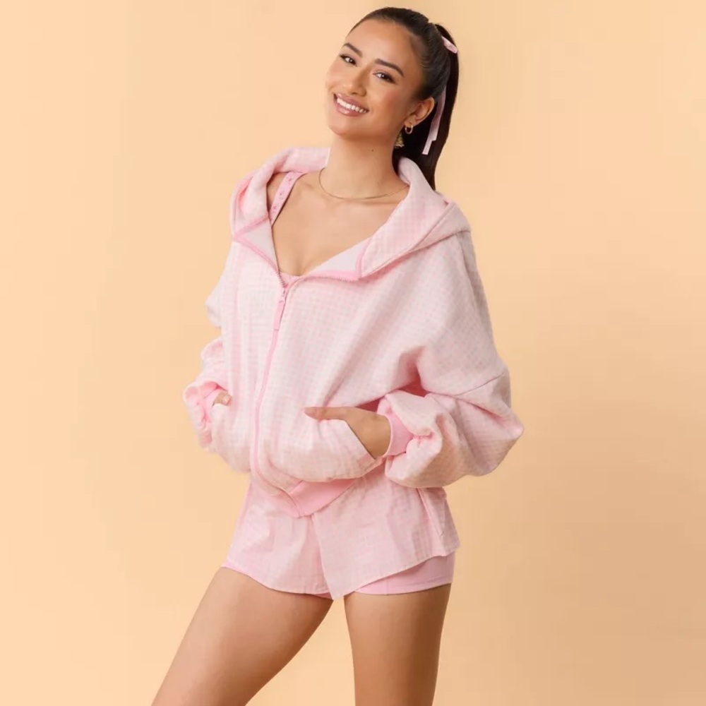 NWT Blogilates Marshmallow Full Zip Hooded Sweatshirt Pink Gingham Xtra Large XL
